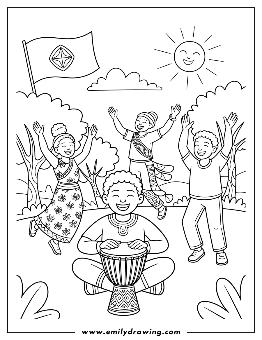 Line art of children celebrating Juneteenth outdoors. One child plays a djembe drum while two others dance under a Juneteenth flag and a smiling sun.