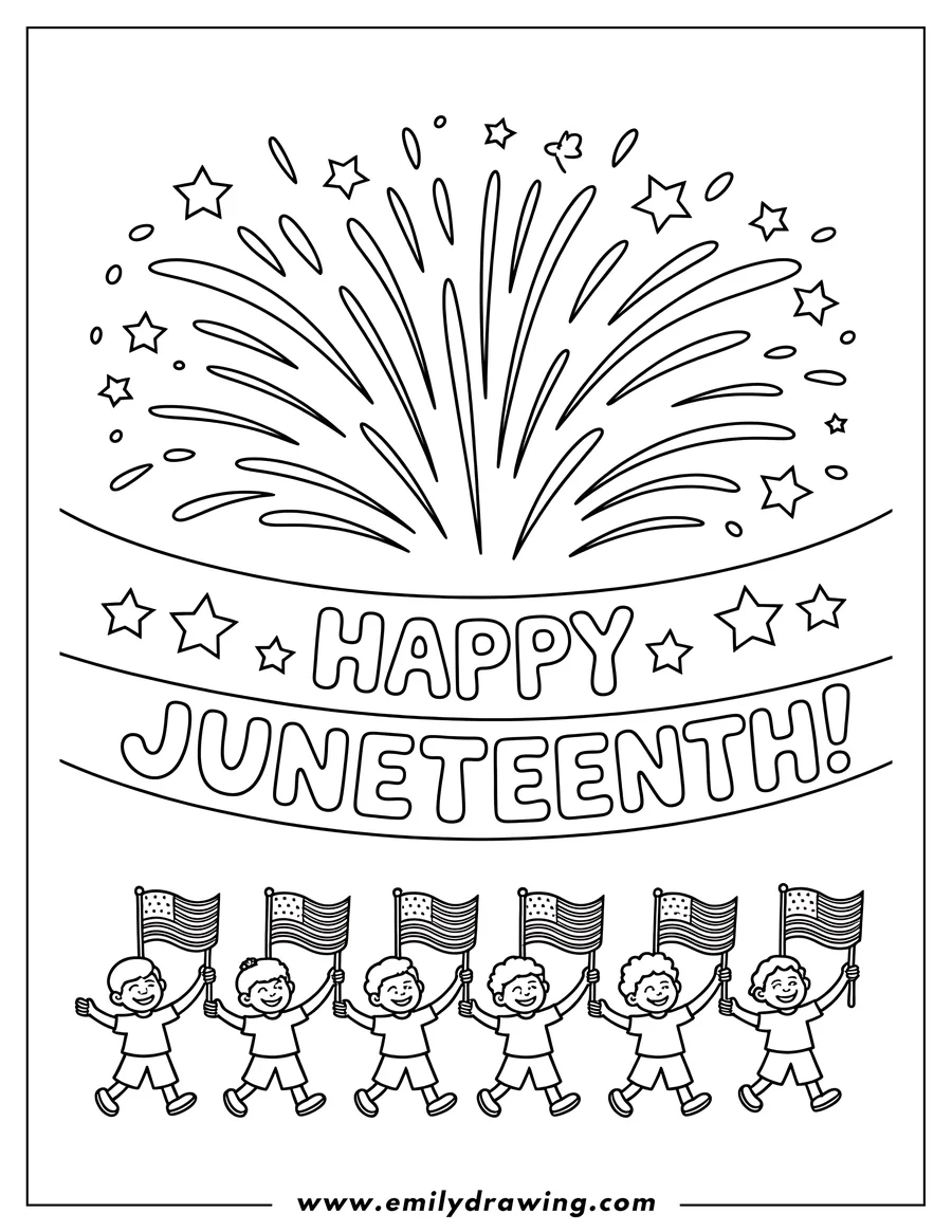 Line art of children holding and waving American flags beneath a banner that says 'Happy Juneteenth' with fireworks above