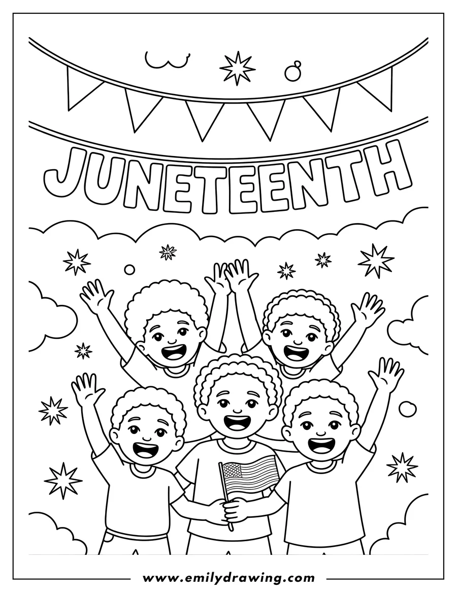 Four children waving happily, one holding a small American flag, under a 'Juneteenth' banner and celebratory bursts.
