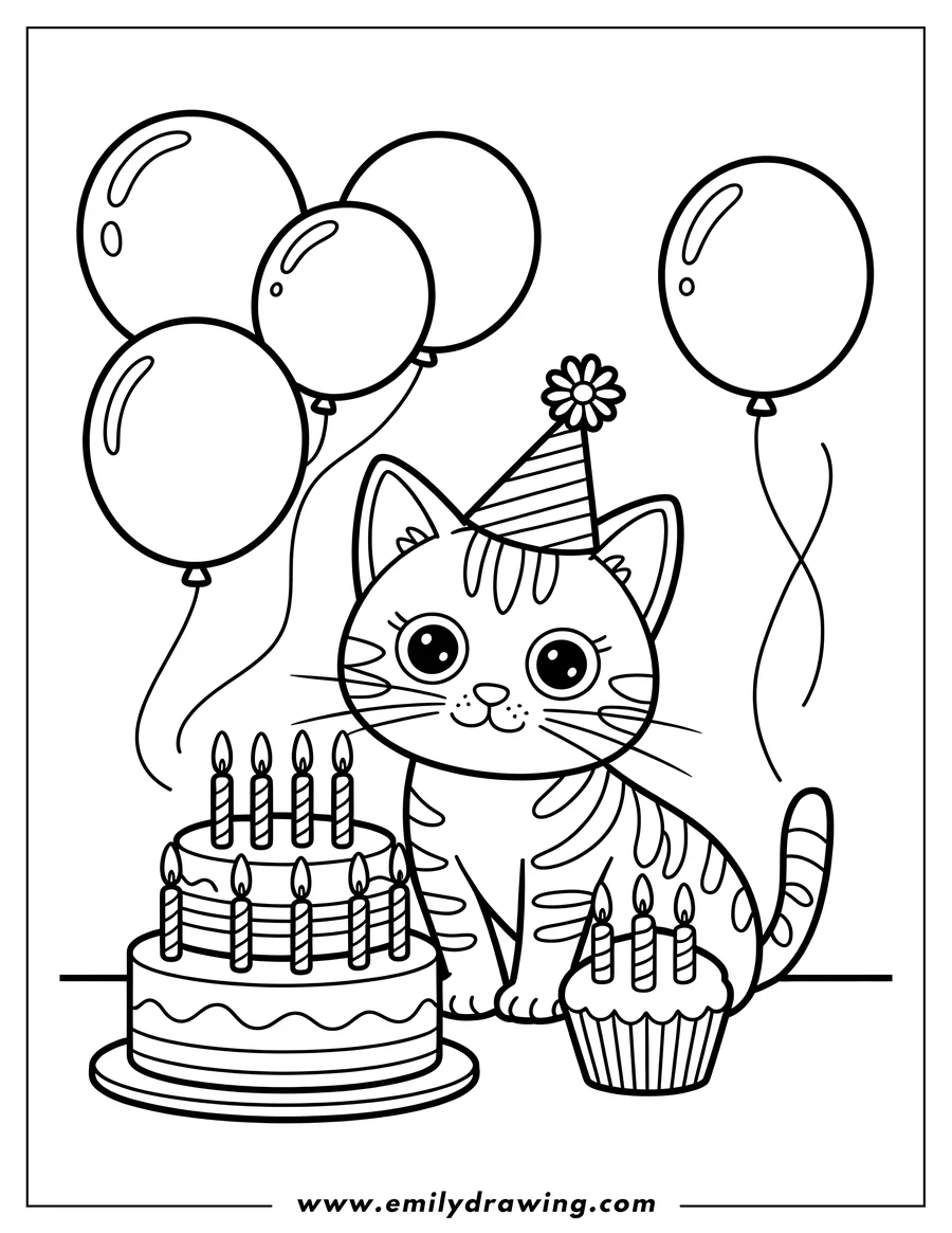 Line art of a kitten wearing a party hat, sitting next to a birthday cake and cupcake, with balloons floating in the background.