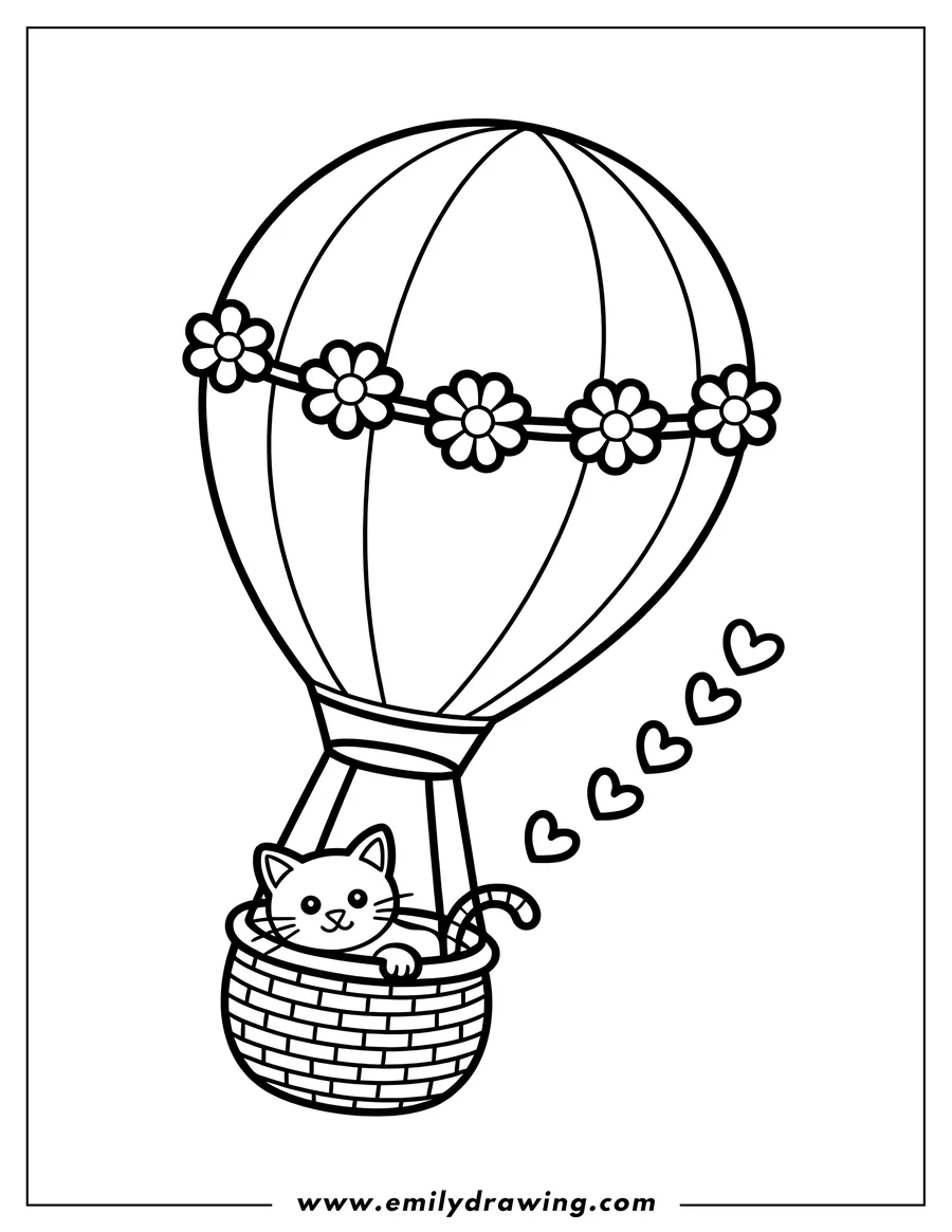 Outline of a kitten riding in a hot air balloon decorated with a garland of flowers, with little hearts trailing behind.