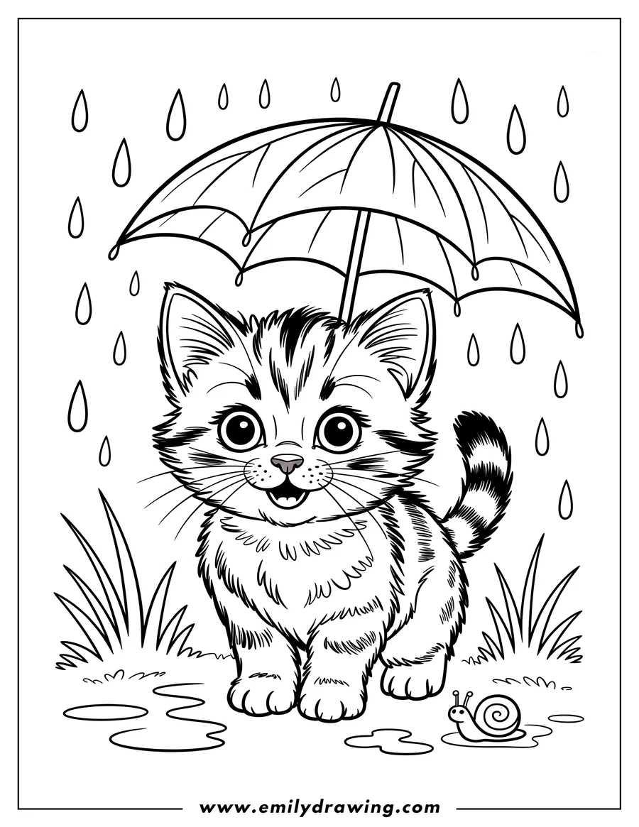 Line art of a kitten holding an umbrella in the rain, with a snail nearby.