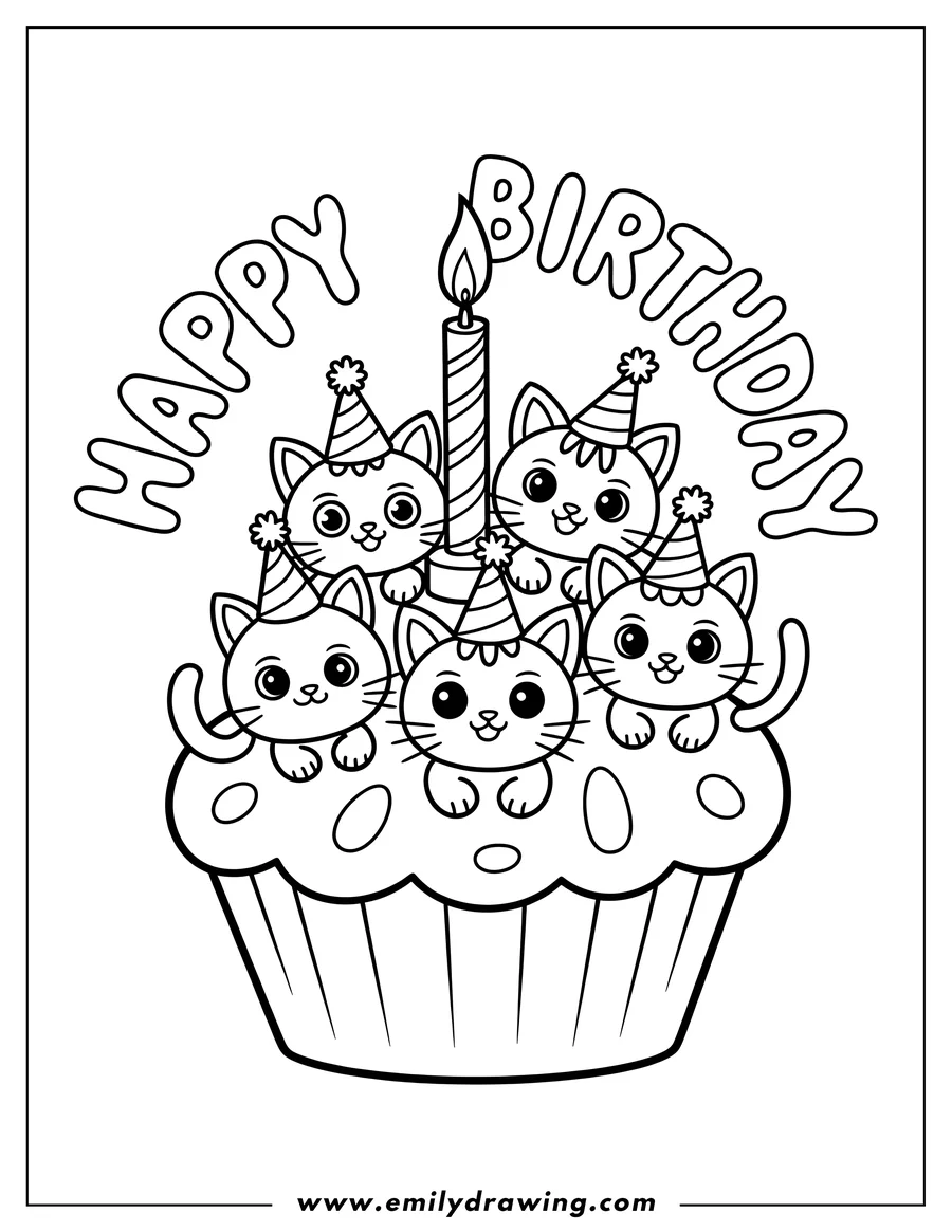 Four kittens wearing party hats on a birthday cupcake with
