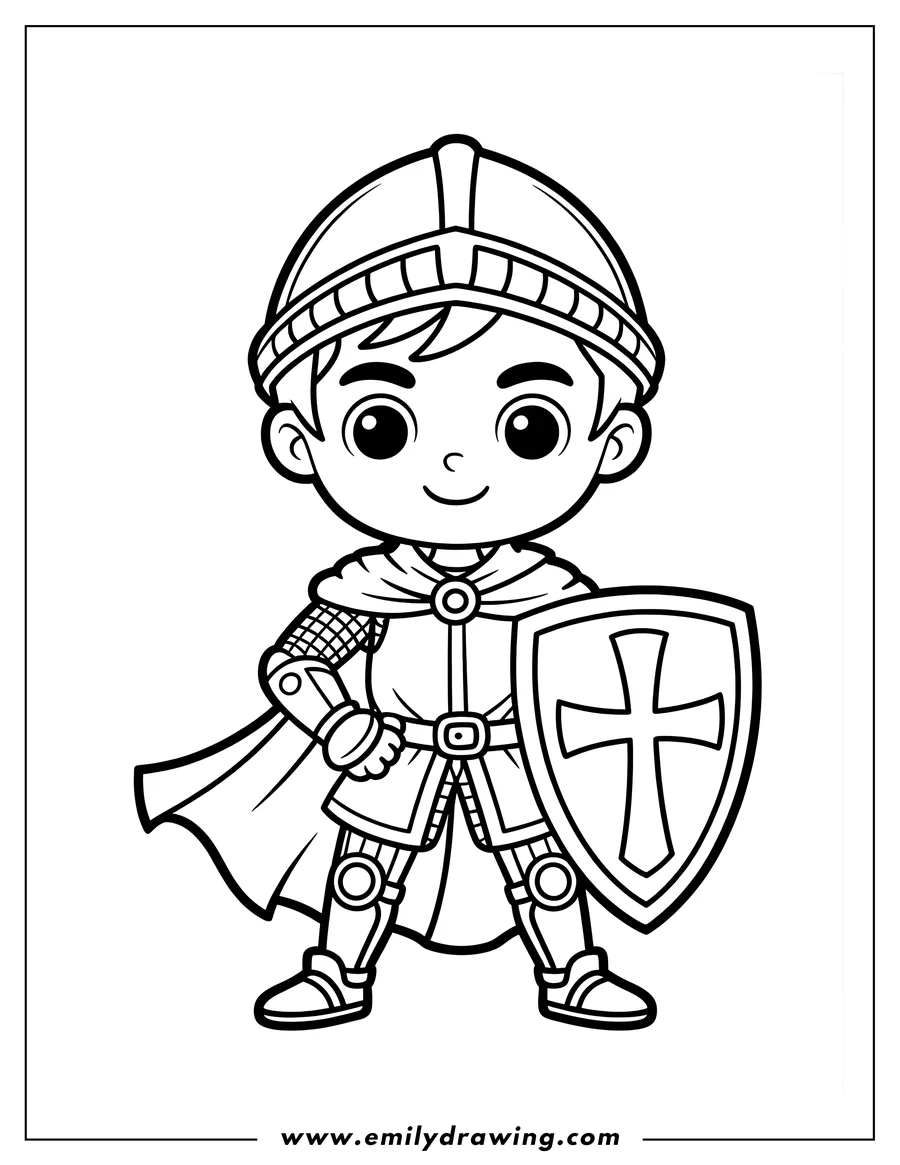 Line art of a young knight wearing armor and holding a shield with a cross design. He also wears a cape and helmet.