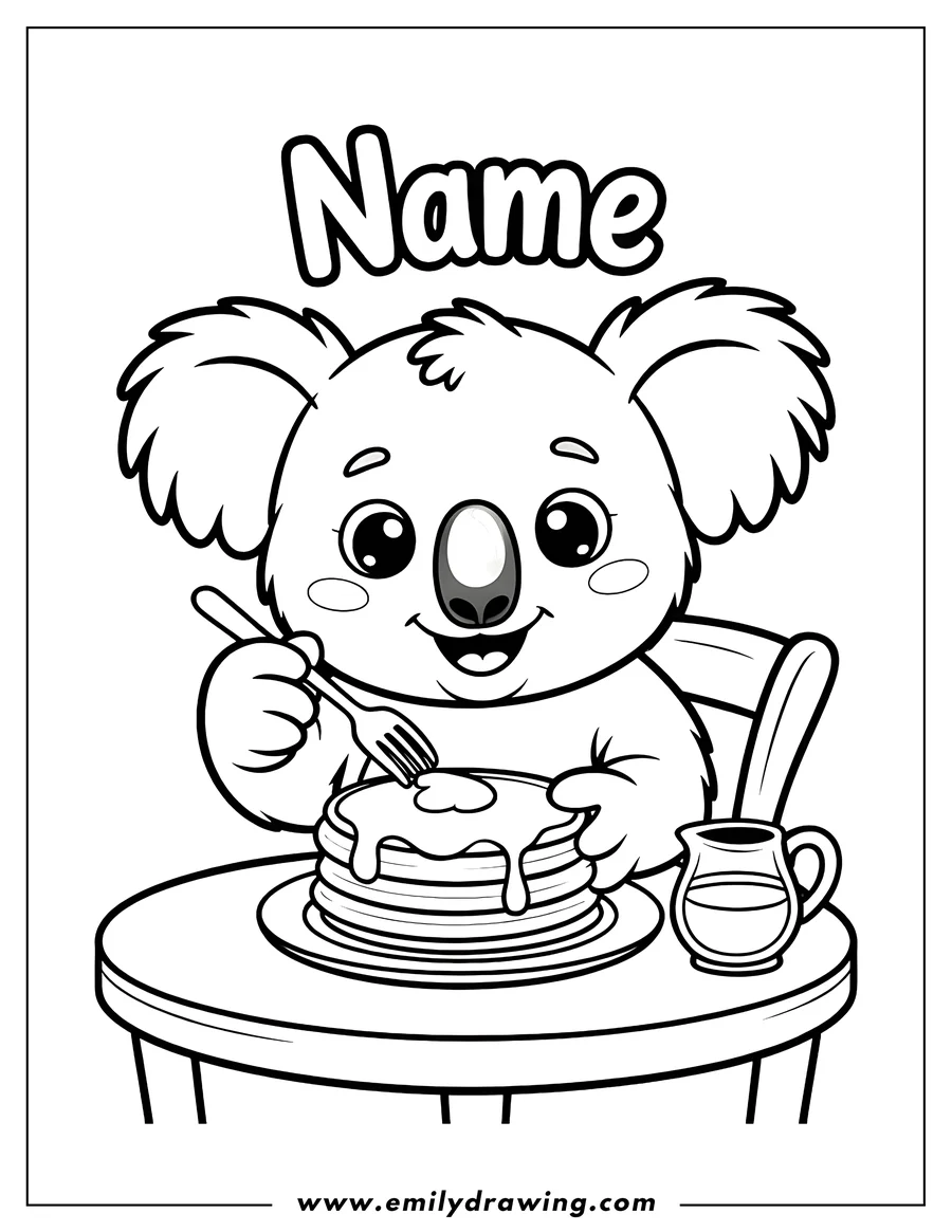Line art of a koala sitting at a table, eating a stack of pancakes with syrup and a fork. A small pitcher of syrup sits on the table beside the plate.