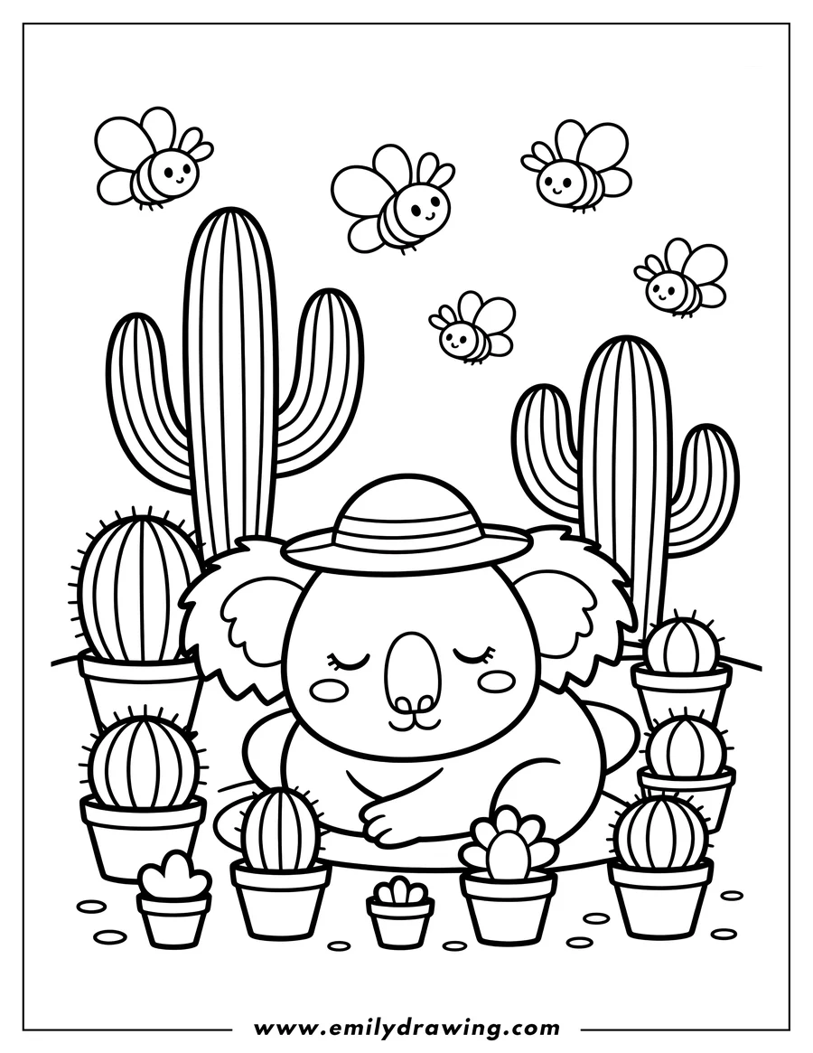 Outline of a koala wearing a striped sun hat, sitting near various potted cacti and succulents, with bees flying overhead.
