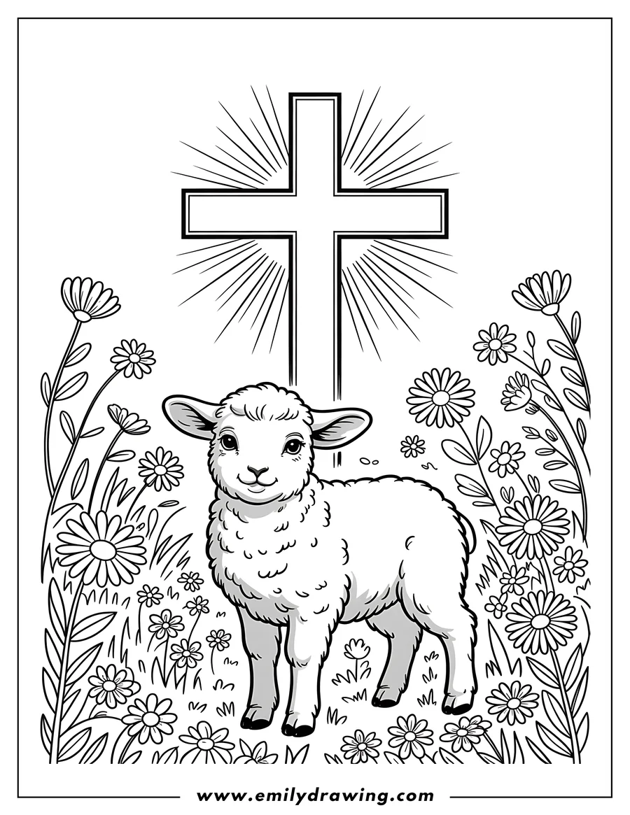 Line art of a peaceful lamb standing in a field of wildflowers beneath a glowing Christian cross.