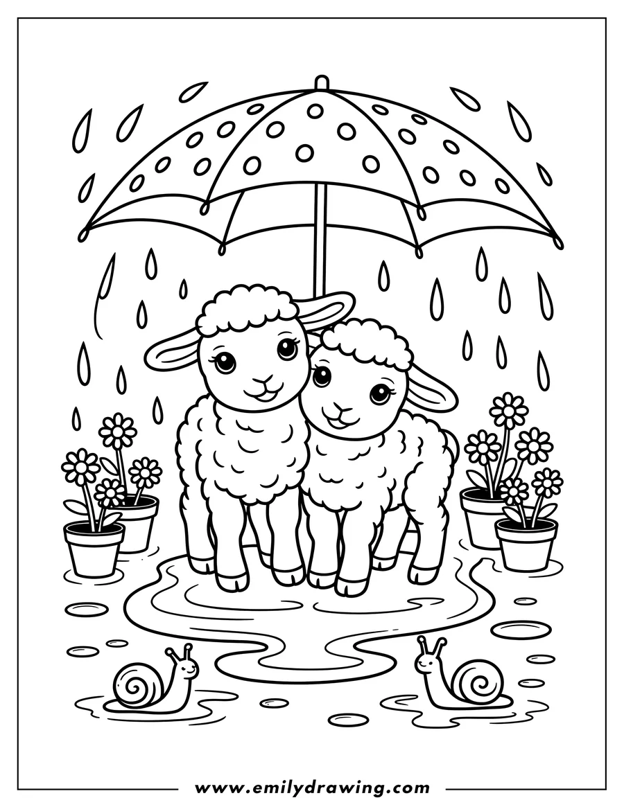 Two lambs stand together under a spotted umbrella in the rain. There are potted flowers on either side and two snails in puddles on the ground.