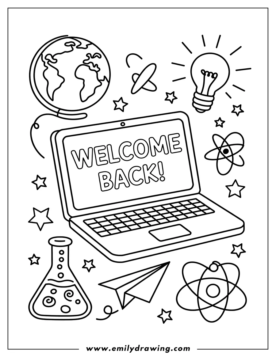 Outline of a laptop with 'Welcome Back!' on the screen, surrounded by school-related items like a globe, lightbulb, beaker, paper airplane, and atom symbols.