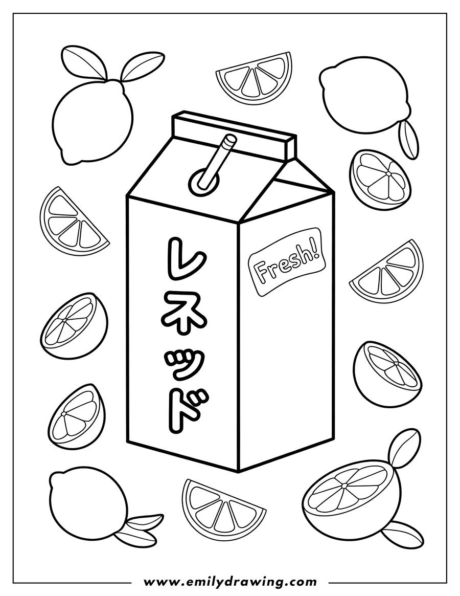 Line art of lemons, lemon slices, and a carton of lemon juice.