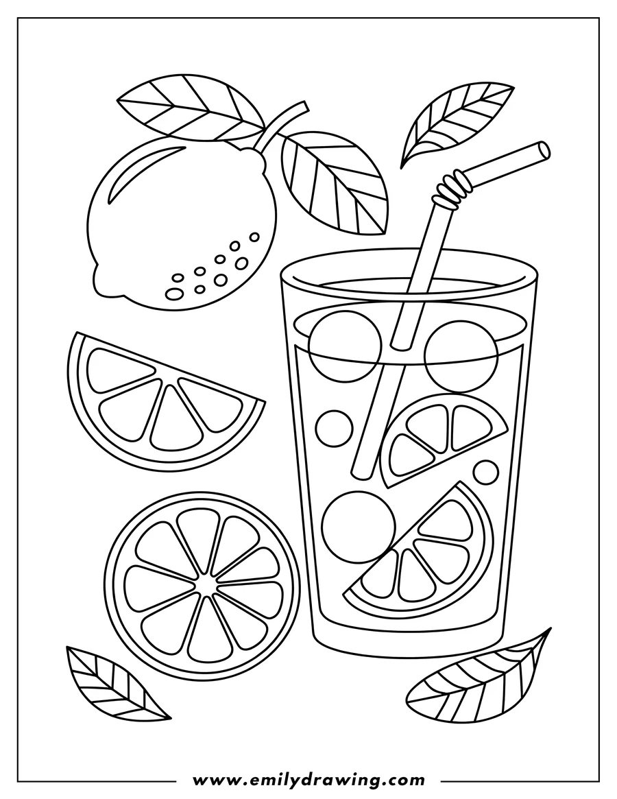 Line art of a whole lemon, lemon slices, and a glass of lemonade with a straw and ice.
