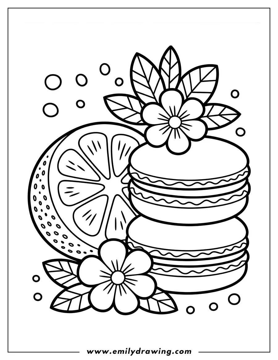 Outline of a lemon slice and two macarons, decorated with flowers and leaves.
