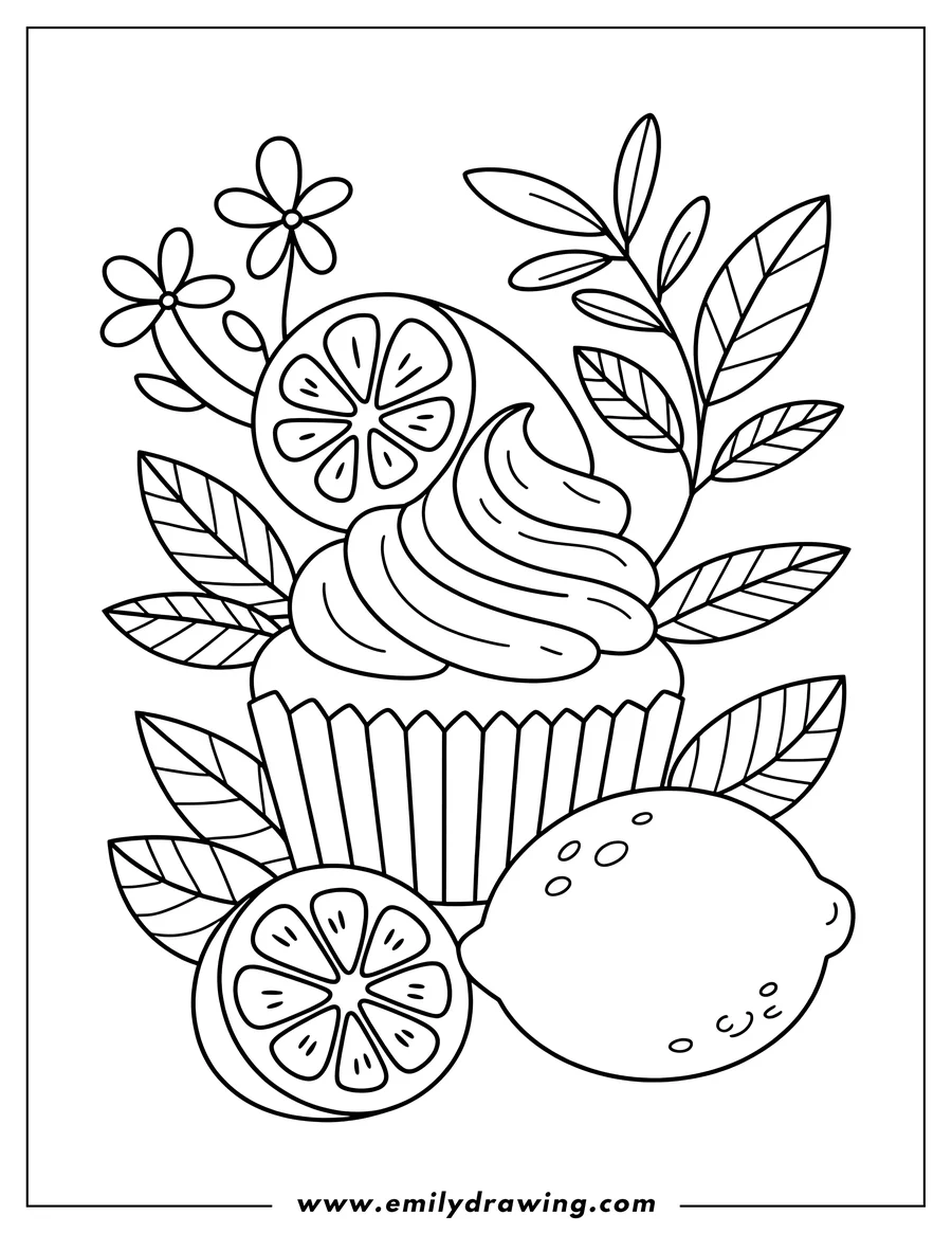 Line art of a lemon cupcake with frosting, lemon slices, and leaves.