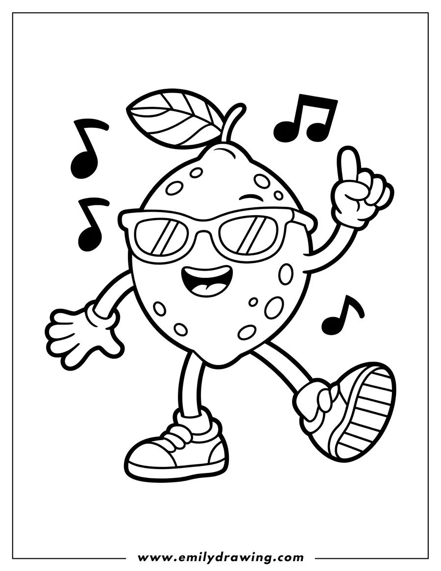 Line art of a dancing lemon wearing sunglasses, with musical notes floating around it.