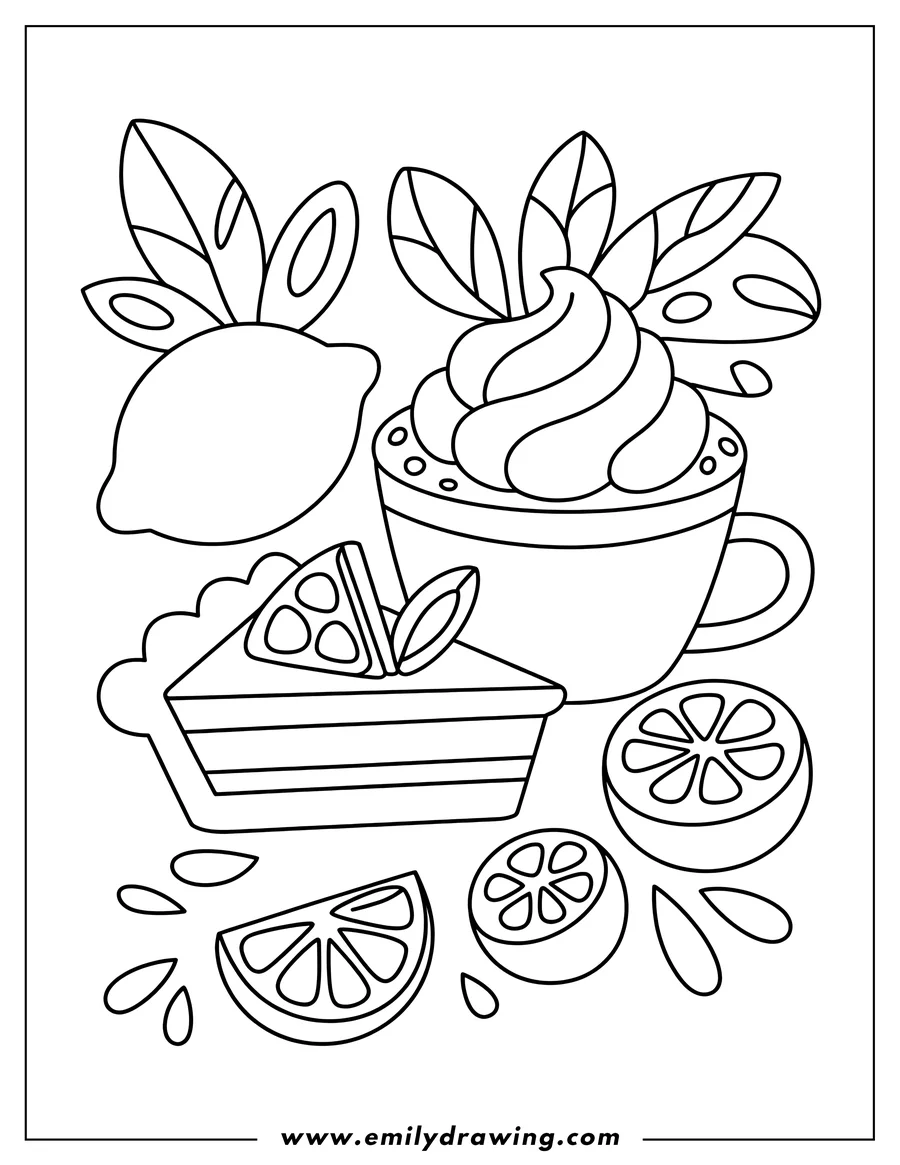 Line art illustration of various lemon-themed desserts and drinks. Includes a whole lemon, lemon slices, a cup of lemonade with whipped cream, and a slice of layered lemon cake.