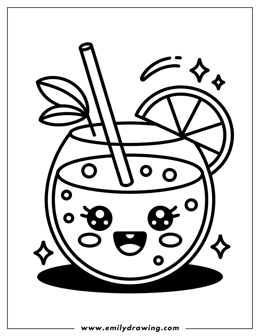Outline of a cheerful lemon drink with a straw and lemon slice, garnished with mint leaves.