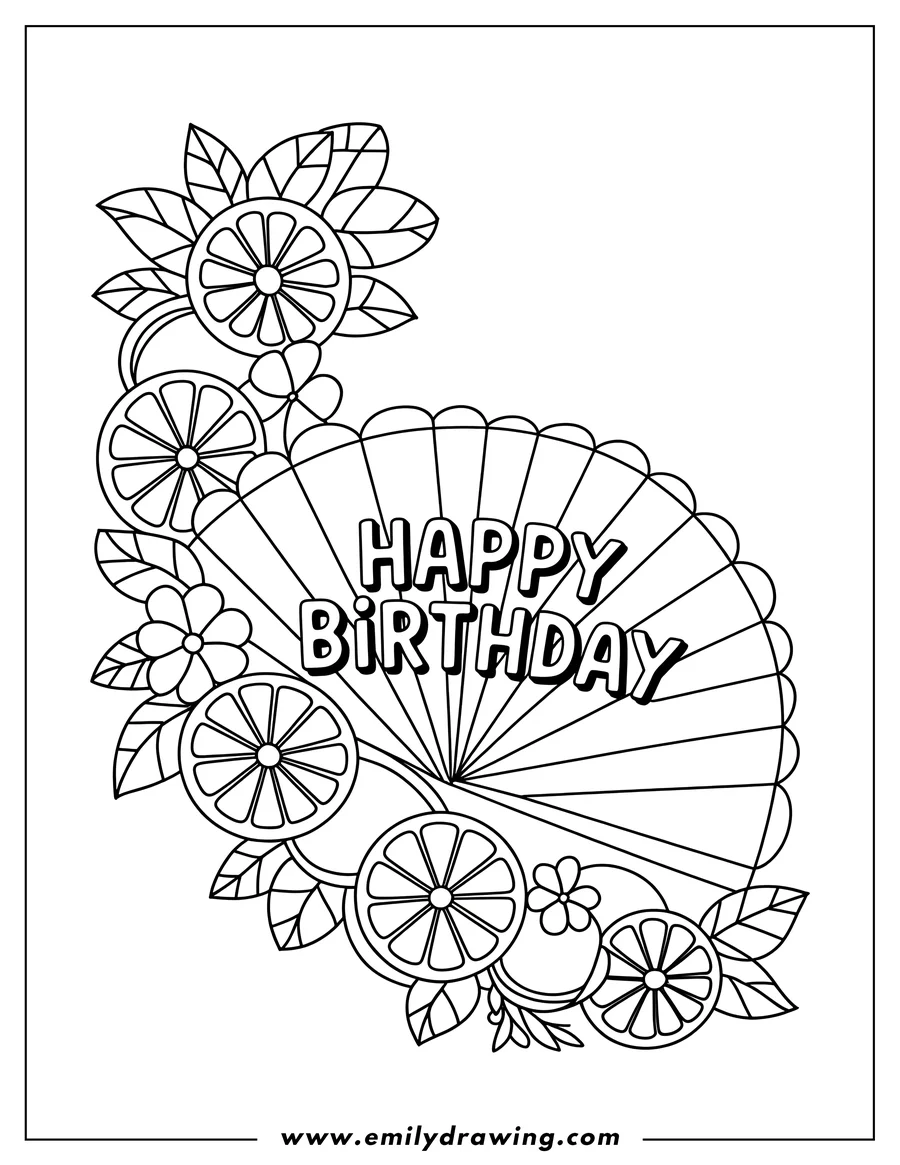 Outline of lemon slices and leaves arranged around a fan with