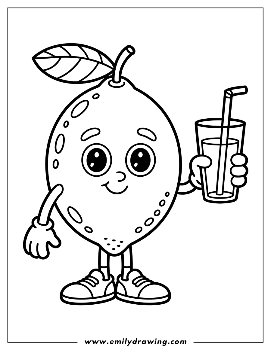 Line art of a lemon character holding a glass of lemonade with a straw. The lemon is wearing gloves and sneakers.