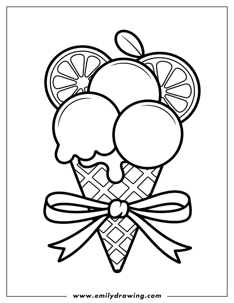 Outline of lemon ice cream scoops in a waffle cone tied with a ribbon. Lemon slices decorate the top.