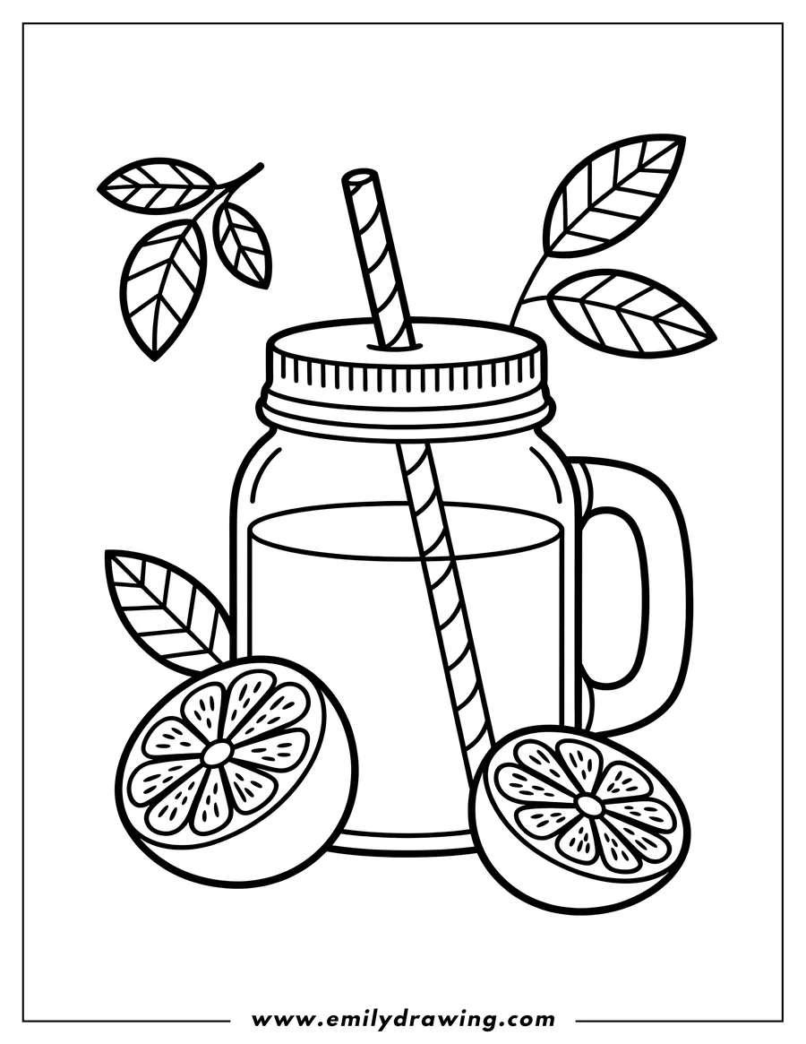 Outline of a mason jar filled with lemonade, a straw, lemon slices, and leaves.