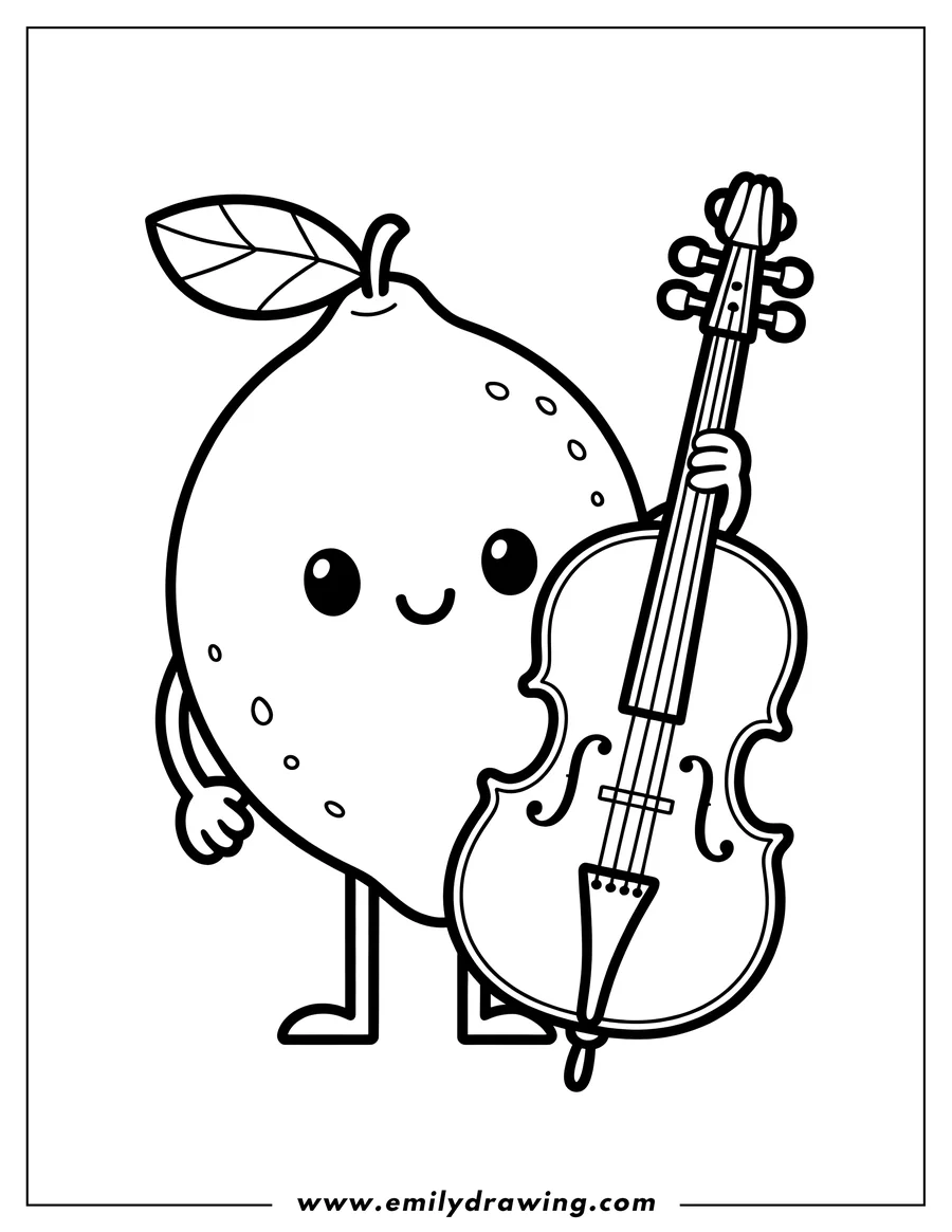 Line art of a cheerful lemon playing a cello. The lemon has a leaf and small, round eyes. It holds the cello's neck with one hand and its base with the other.