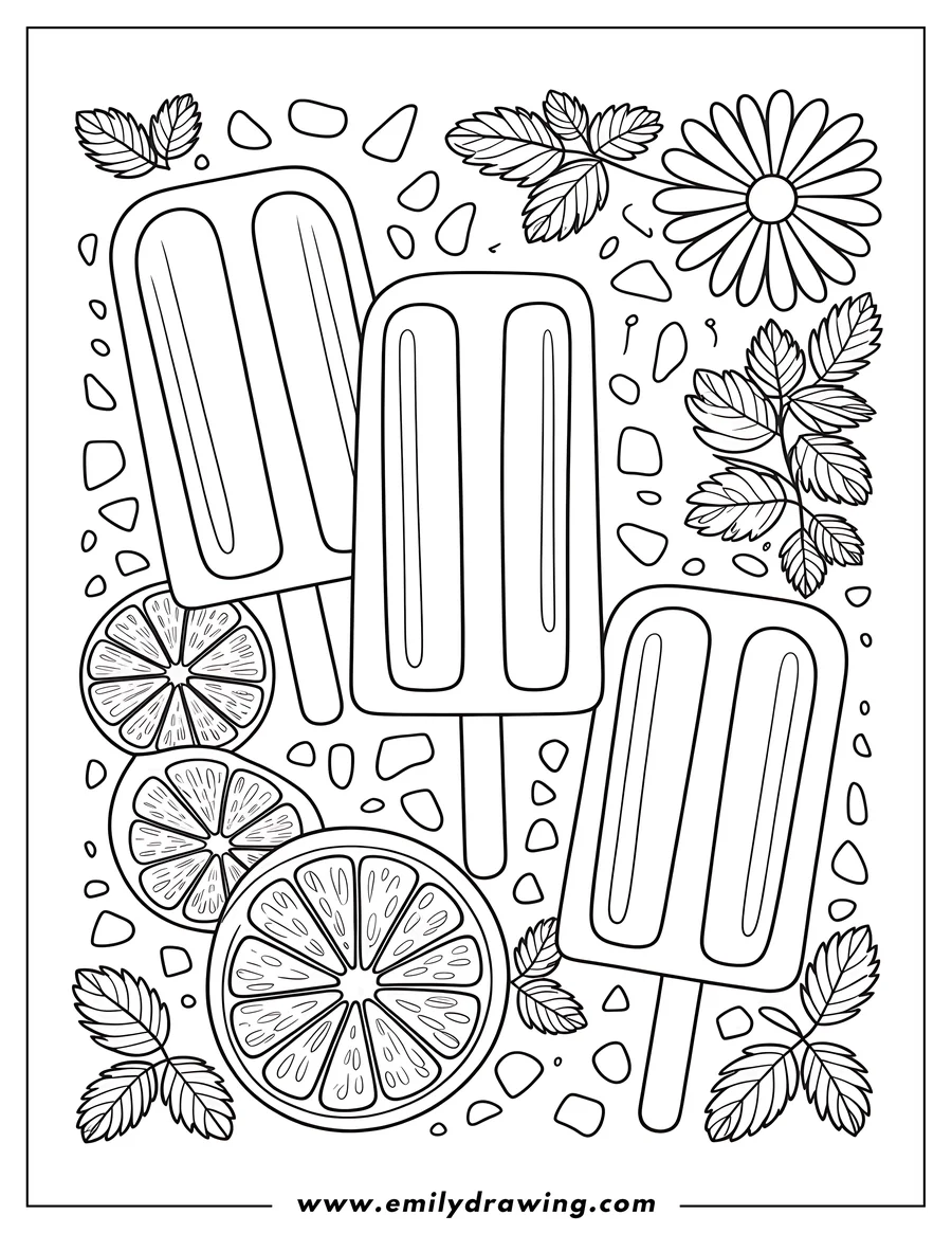 Line art of three lemon popsicles, lemon slices, and mint leaves, ready to be colored.