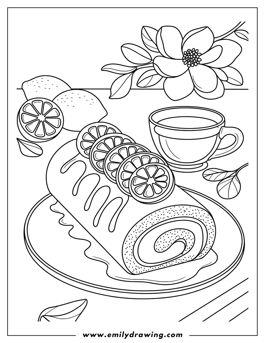 Outline of a lemon roll topped with lemon slices on a plate, with a cup of tea and lemons beside it.