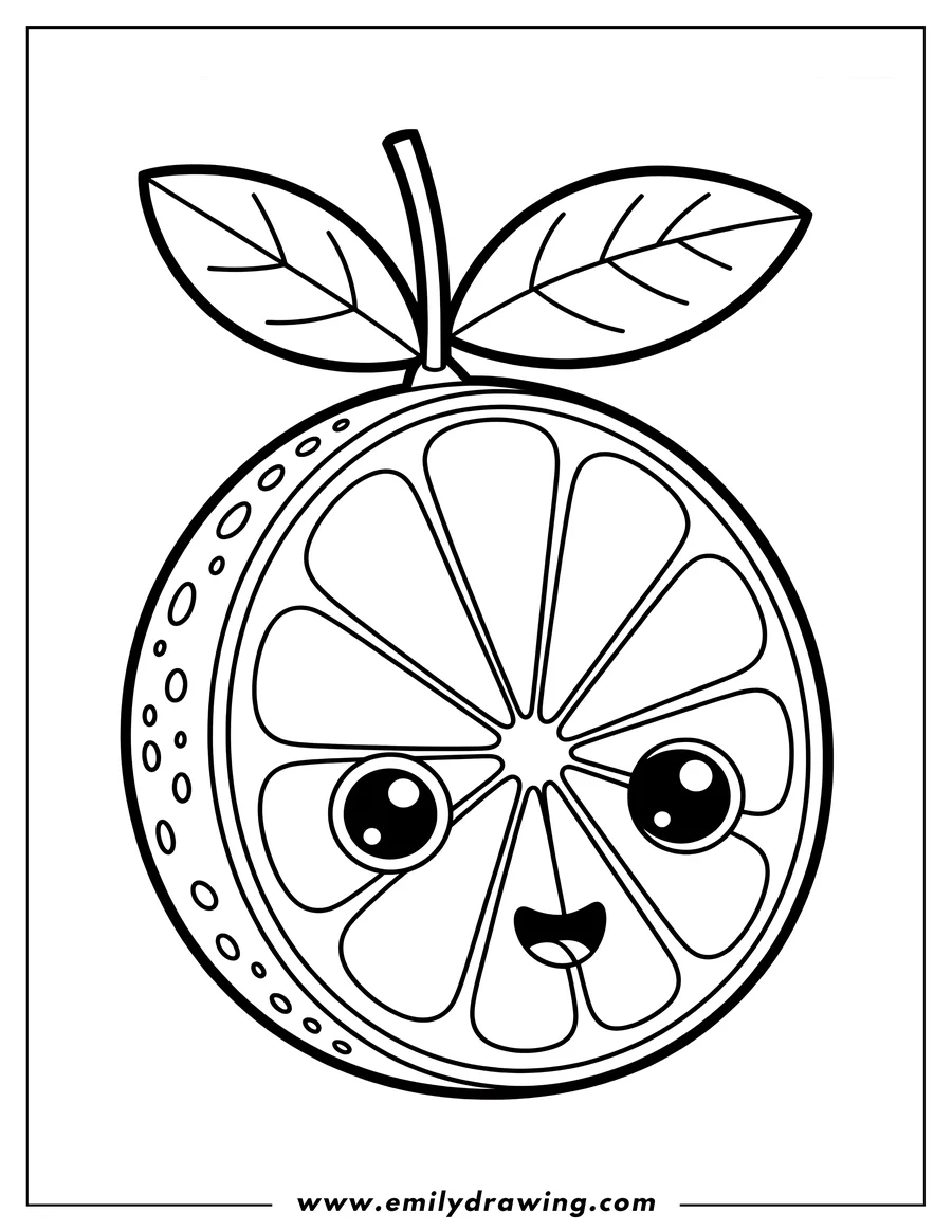 Outline of a lemon slice with a cute, smiling face and two leaves attached to the stem.