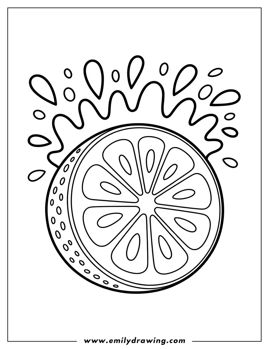 Outline of a lemon slice with juice splashing around it.