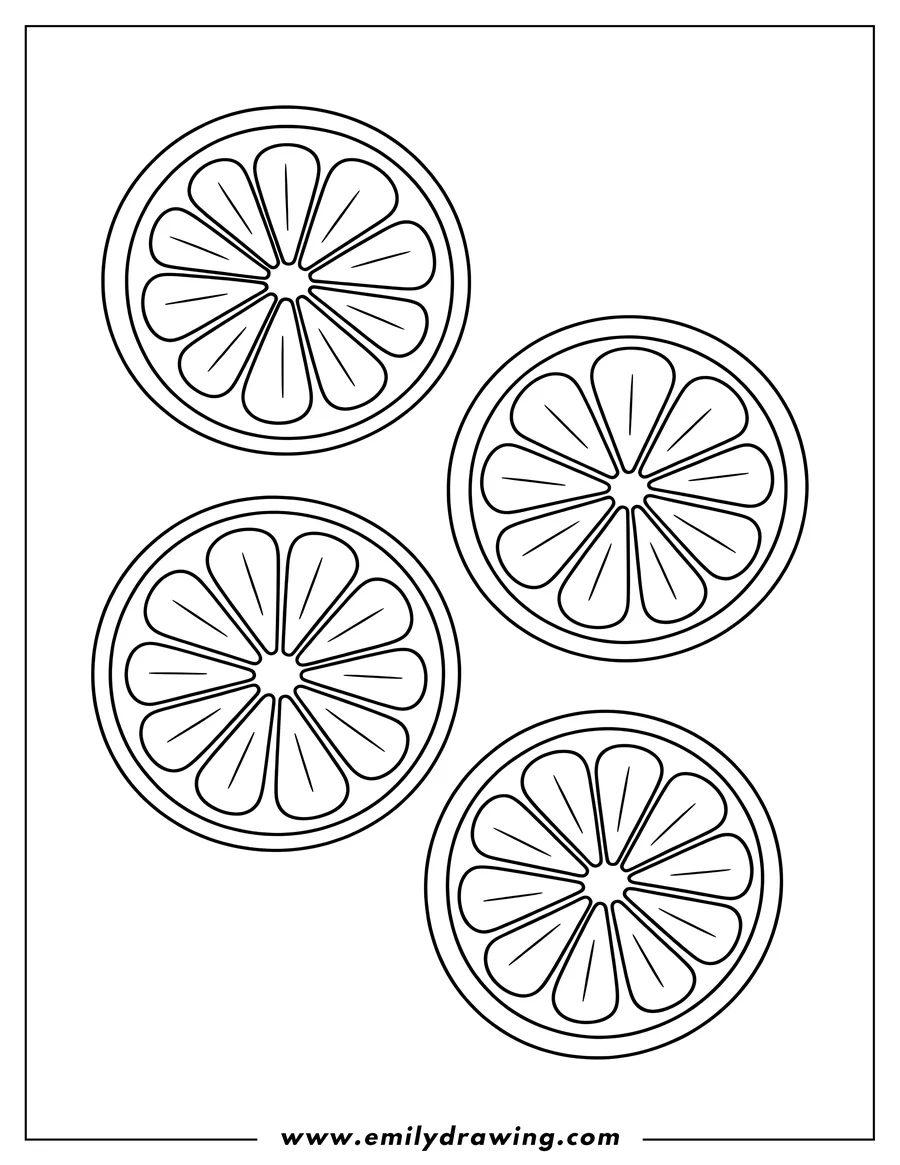 Outline of four lemon slices, ready to be colored in.