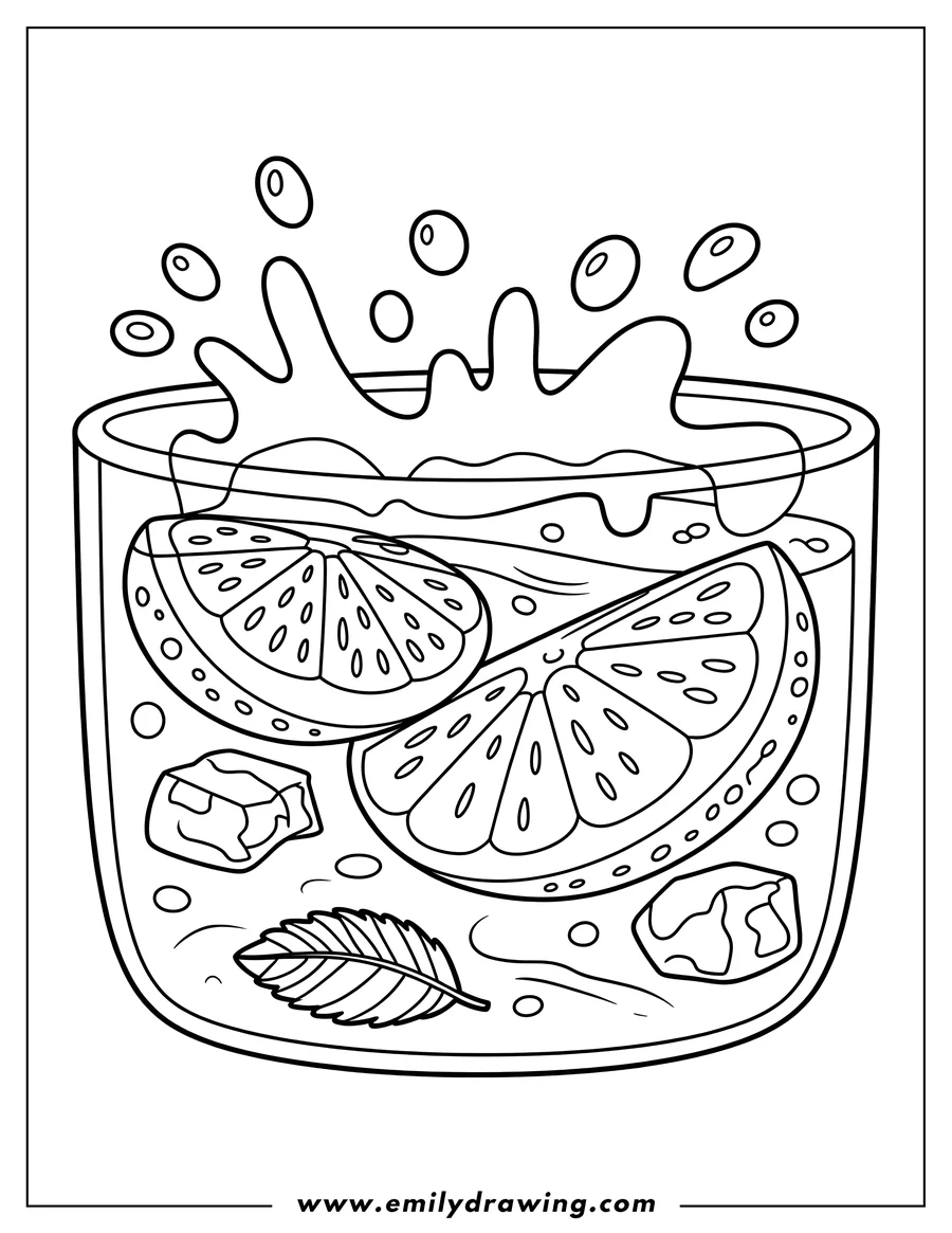 Line art of lemon slices and ice cubes in a glass of water with a mint leaf.  A splash of water rises from the glass.