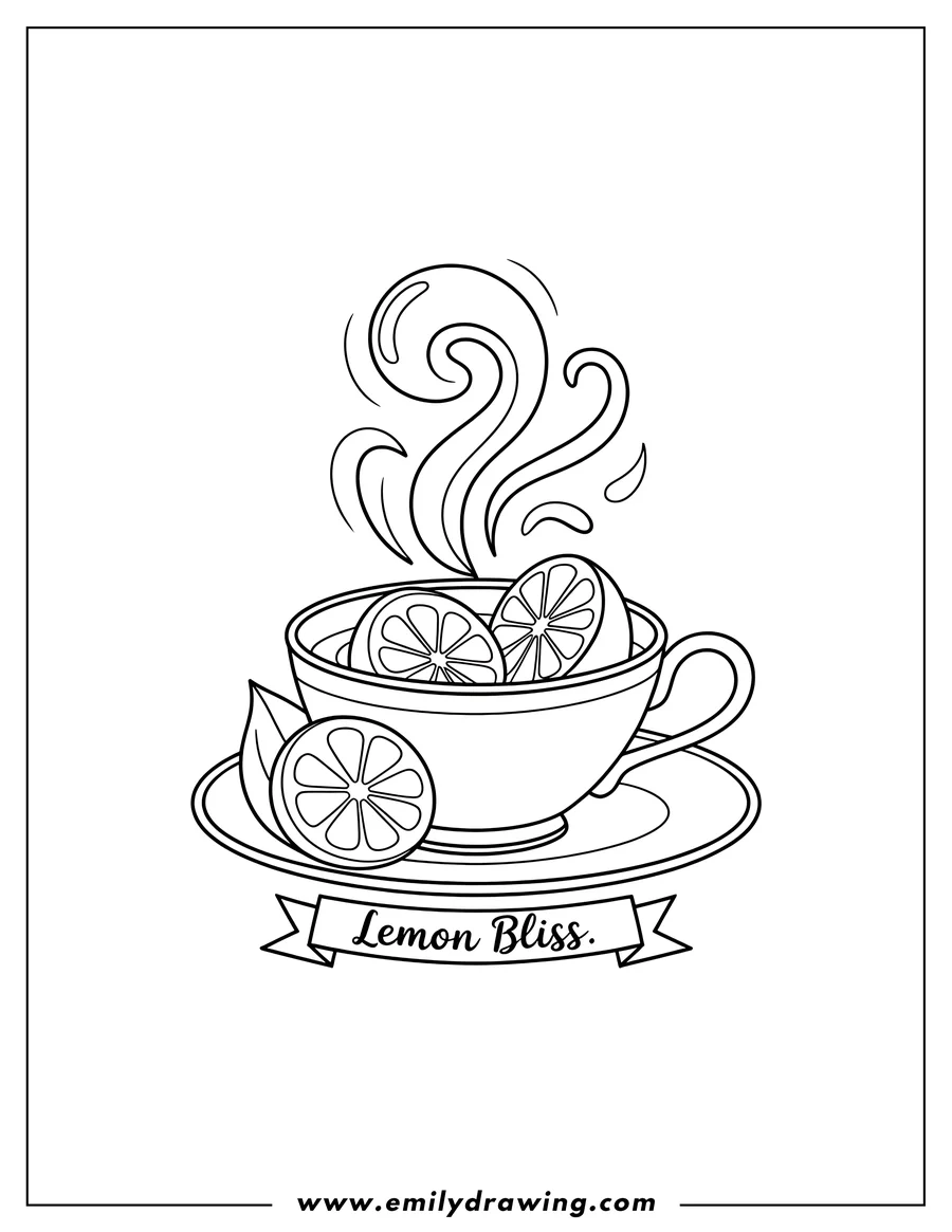Outline of a teacup with lemon slices and steam, on a saucer with a lemon wedge and leaves.