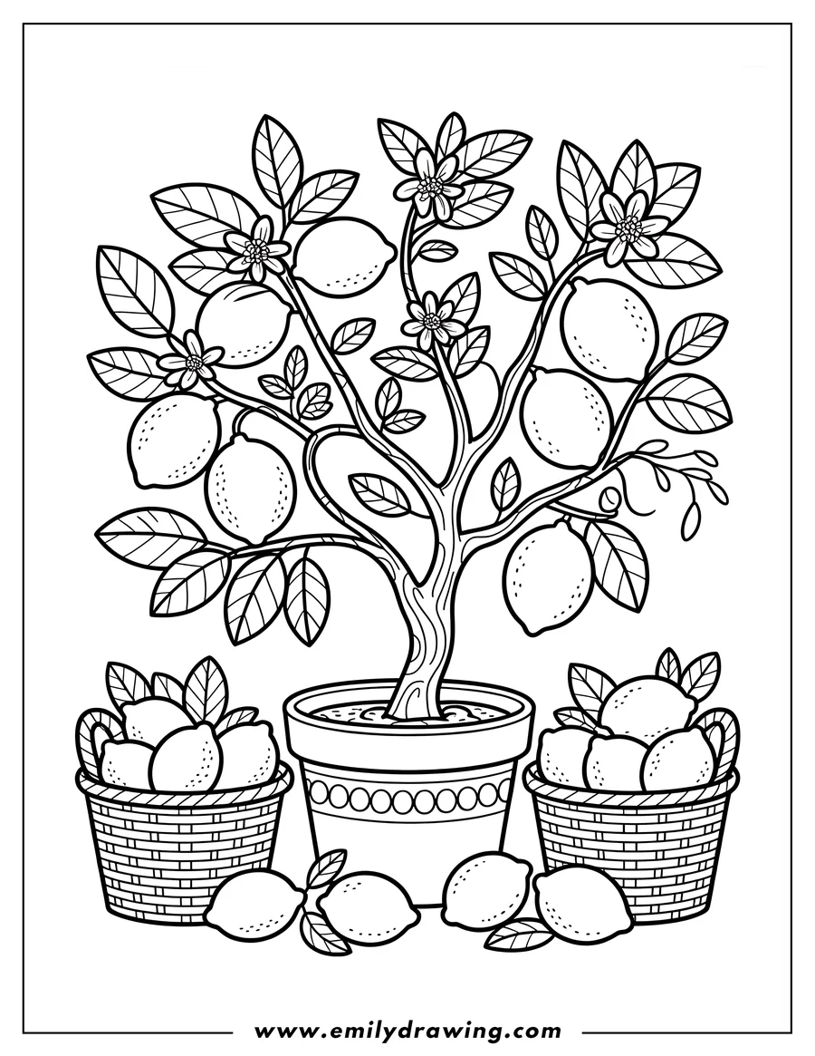 Outline of a lemon tree in a pot with baskets full of lemons around it. Several loose lemons and leaves are scattered near the base of the tree and baskets.