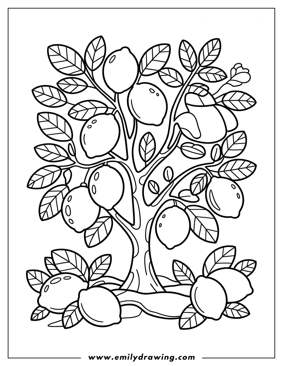 Outline of a lemon tree with many lemons and leaves.
