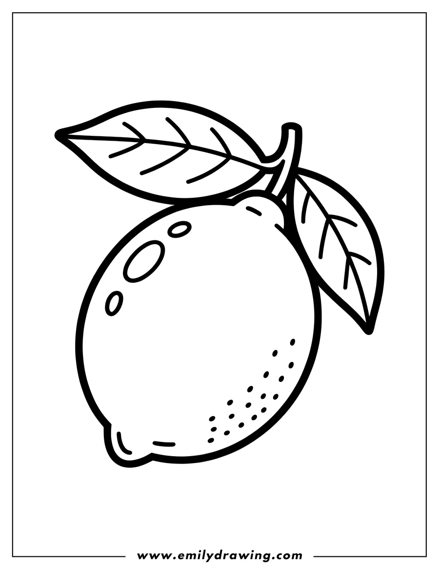 Outline of a lemon with two leaves attached to its stem.
