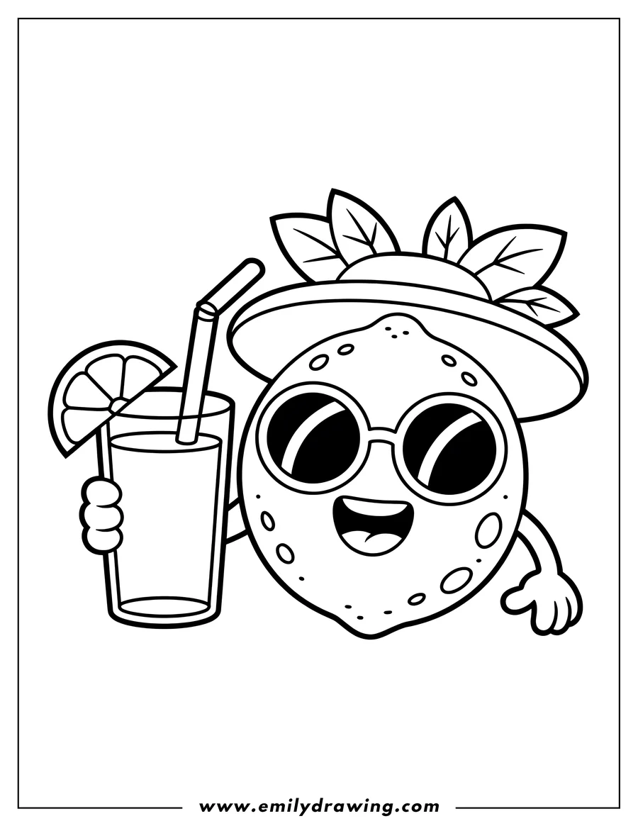 Outline of a cheerful lemon wearing sunglasses, a leaf hat, and holding a glass of lemonade with a lemon slice and straw.
