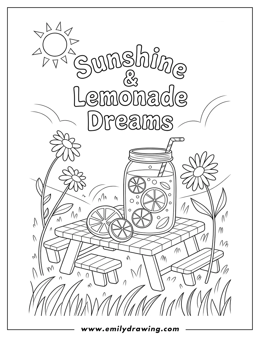 Line art of a mason jar filled with lemonade and lemon slices, placed on a picnic table in a grassy area with two flowers nearby.