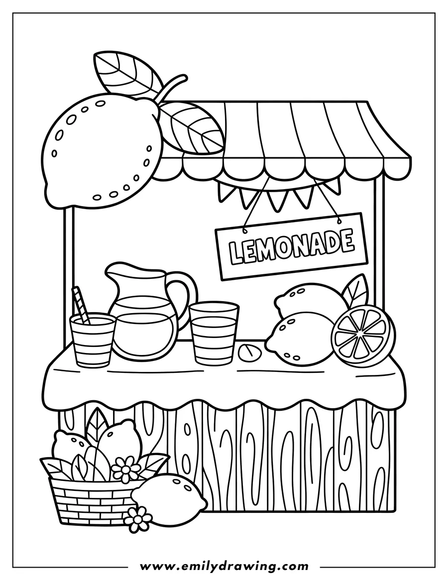 Line art of a lemonade stand with lemons, pitcher, cups, and a basket of lemons.
