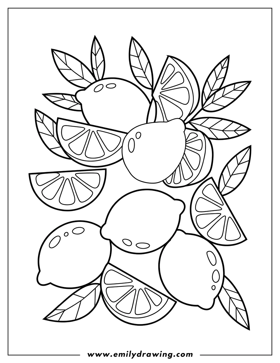 Outline of lemons and lemon slices with leaves.