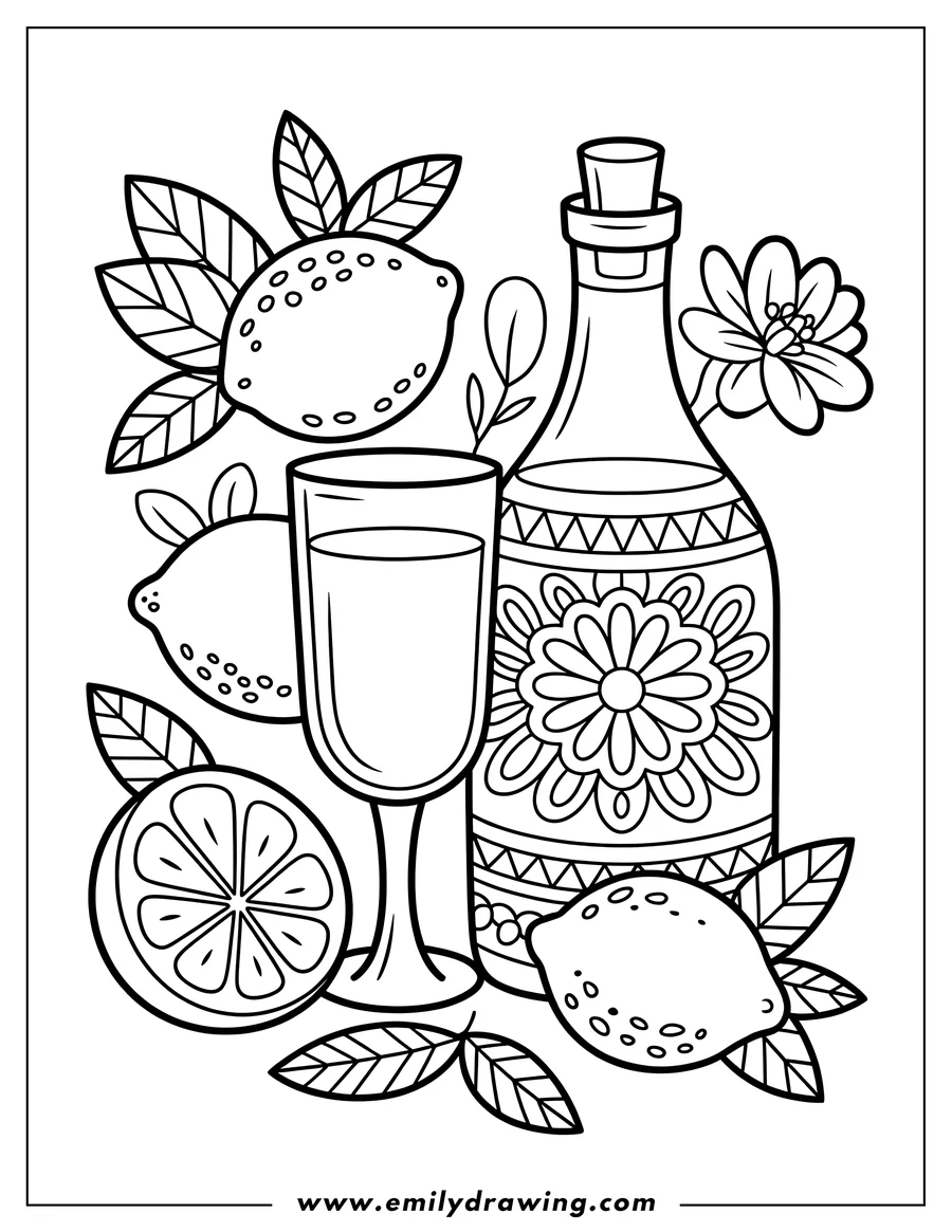 Line art of lemons, a glass of lemonade, a decorative bottle, leaves, and flowers.