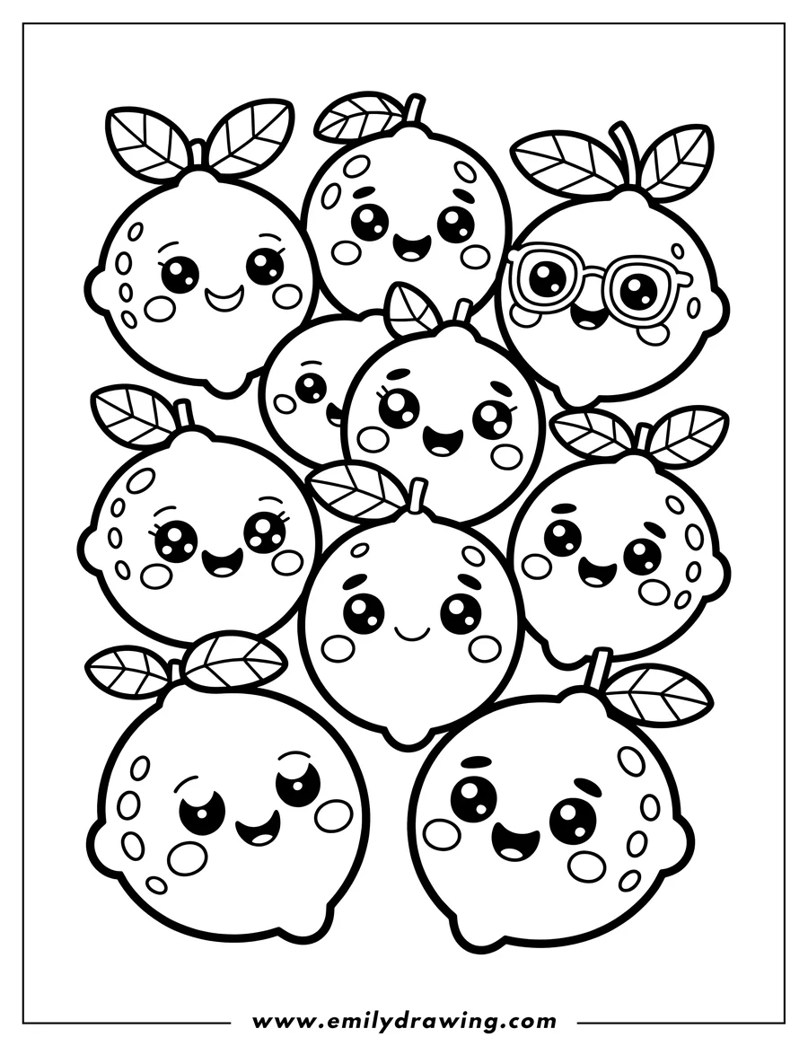 Outline of a group of kawaii lemons with happy faces. One lemon is wearing glasses.