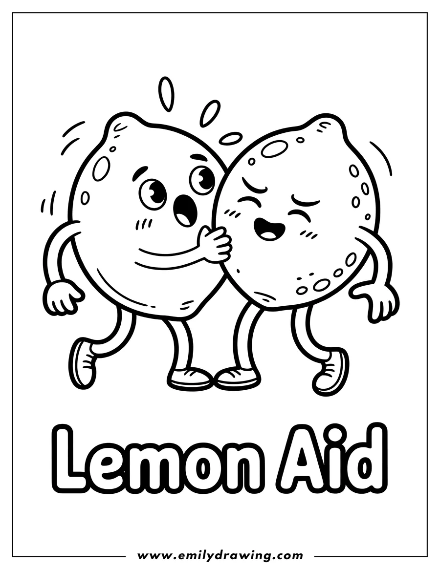 Outline of two lemons hugging, one with a surprised expression and the other laughing.