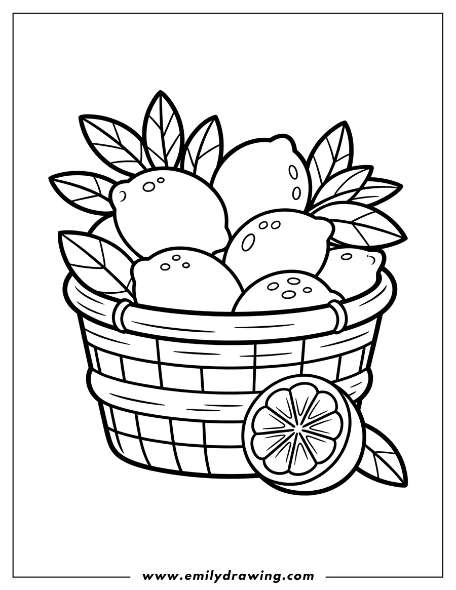 Outline of lemons in a basket with a sliced lemon beside it.