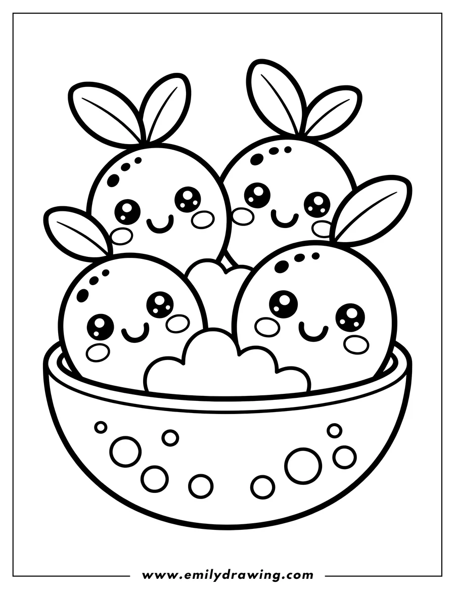 Outline of three kawaii lemons with leaves and smiling faces sitting in a bowl.