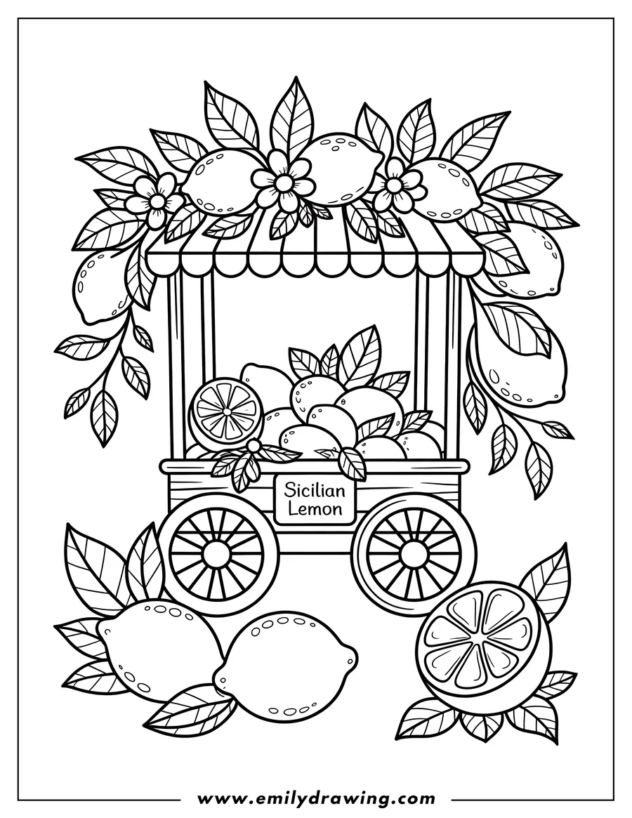 Outline of lemons in a small cart, with additional lemons and leaves surrounding it.