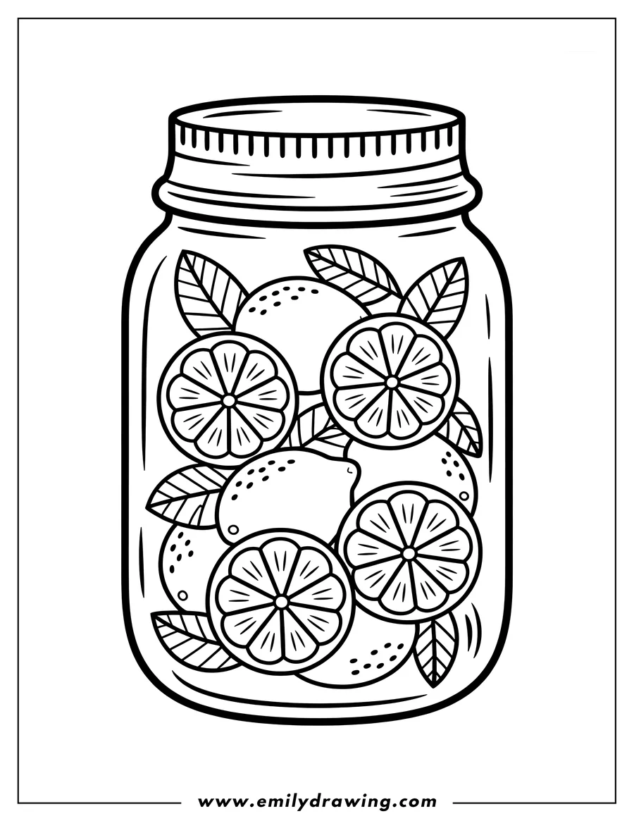 Outline of lemons and lemon slices in a glass jar with lid.