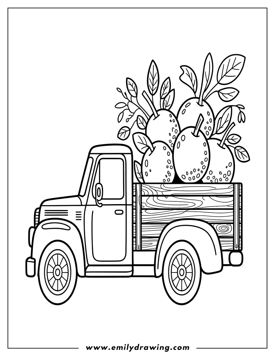 Outline of a vintage truck carrying a wooden crate full of lemons with leaves and stems.