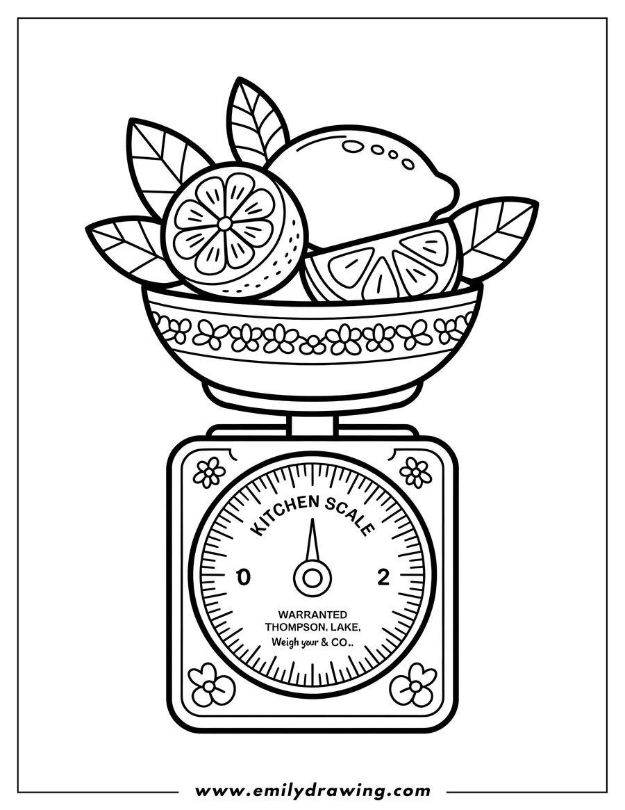 Line art illustration of lemons and lemon slices in a decorated bowl placed on a kitchen scale.