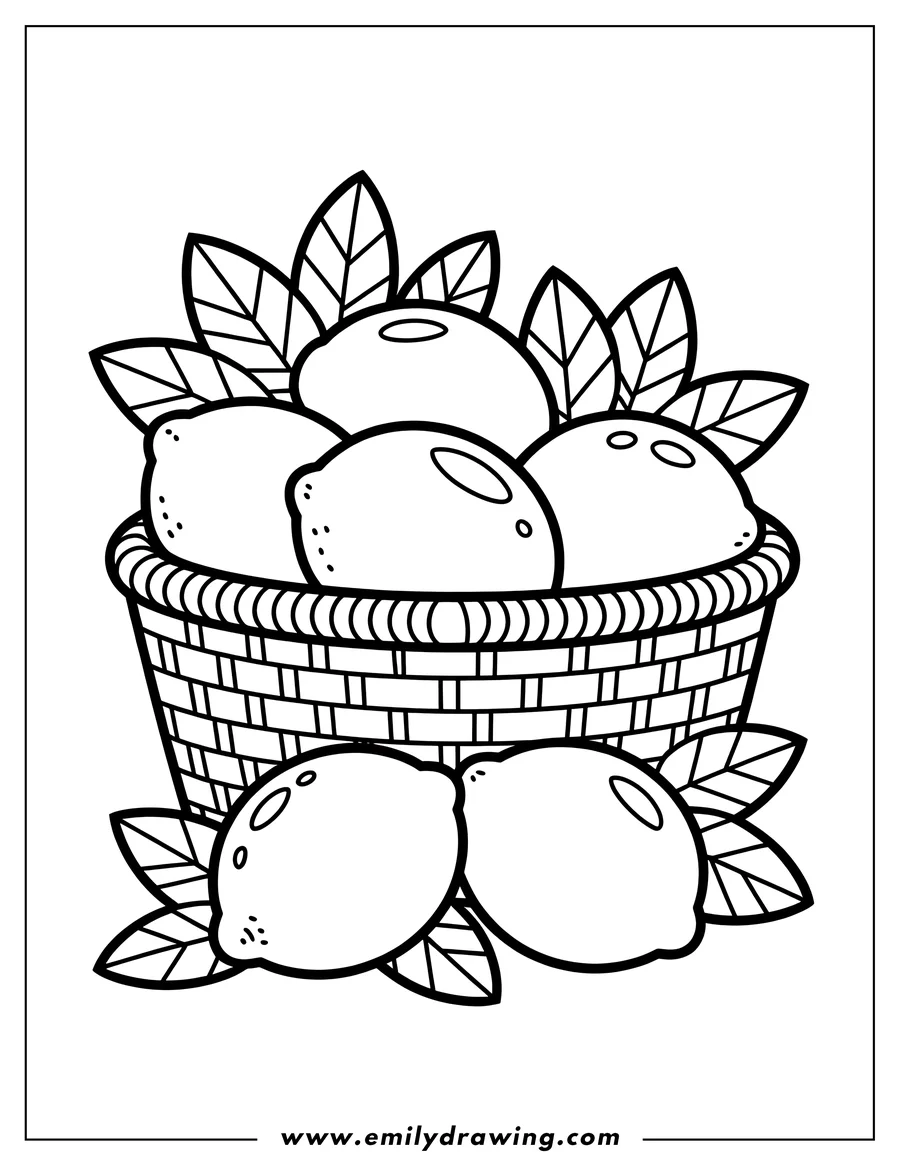 Outline of several lemons, some in a woven basket and some with leaves.