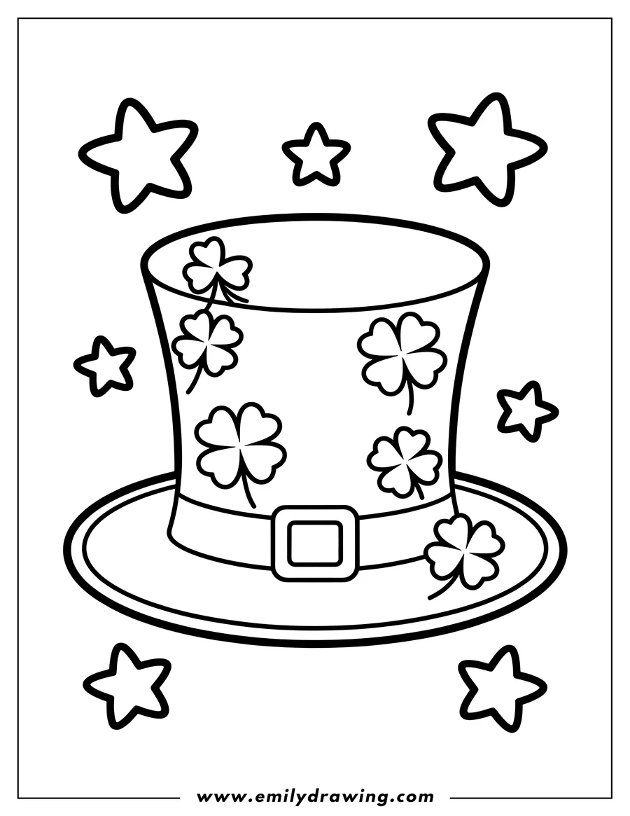 Line art of a leprechaun hat decorated with clovers and a buckle.